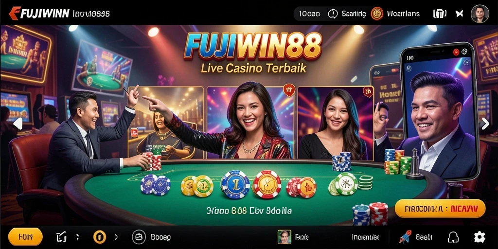Tampilan utama FUJIWIN88 dengan dealer Live Casino yang ramah dan permainan seru.