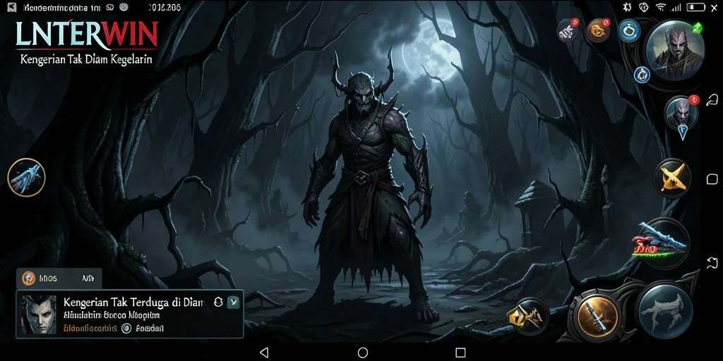 Screenshot gameplay LNTERWIN menampilkan suasana horor yang mencekam.