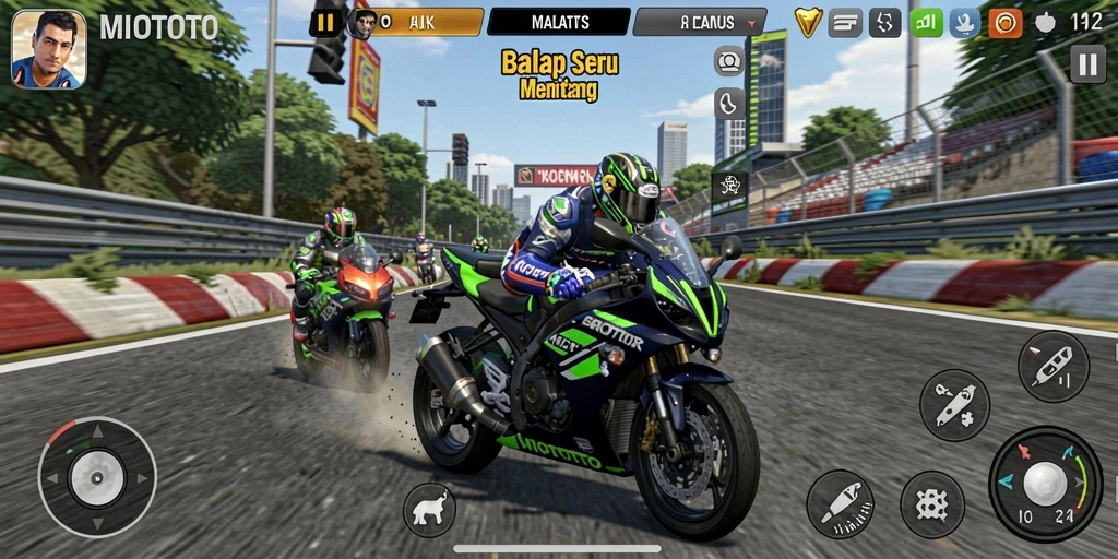 Tampilan gameplay seru di MIOTOTO dengan sepeda motor balap.