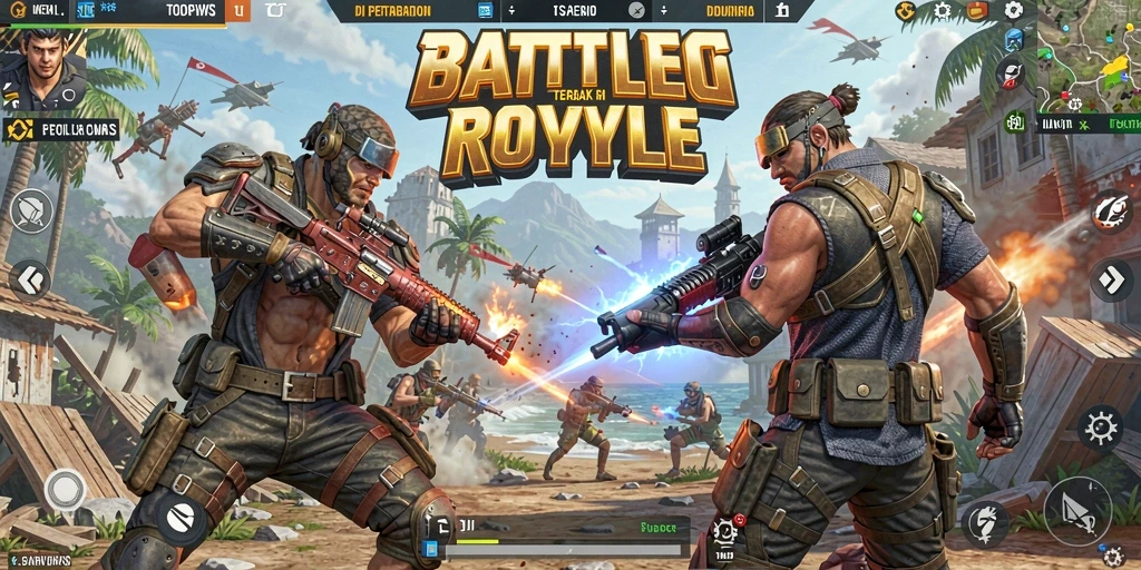 Tangkapan layar TOOPGWS menampilkan aksi seru Battle Royale di arena pertempuran.
